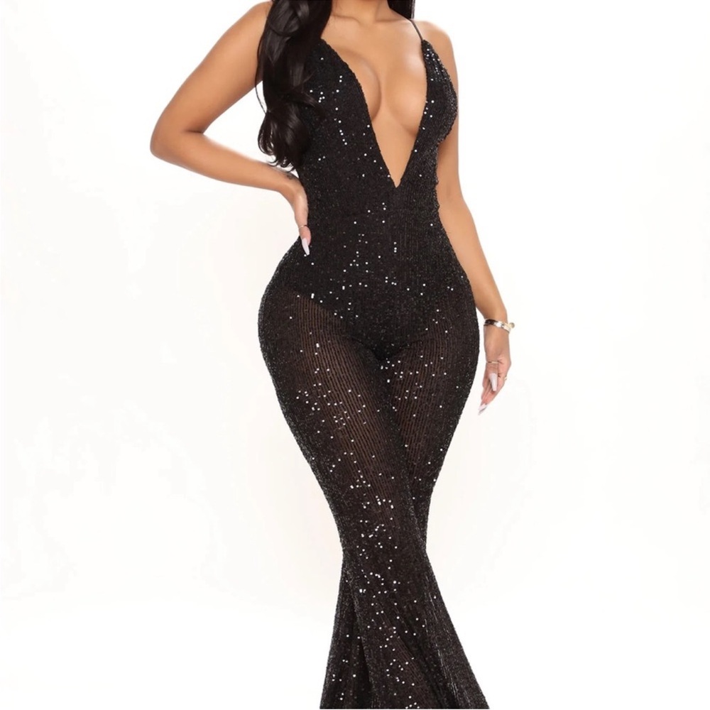 Black Sequin Plunge Jumpsuit